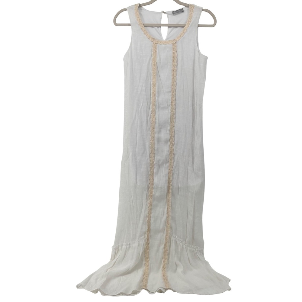 Diamante Off White Sleeveless Maxi Dress Crochet Lace Trim Ruffle Hem Boho Small